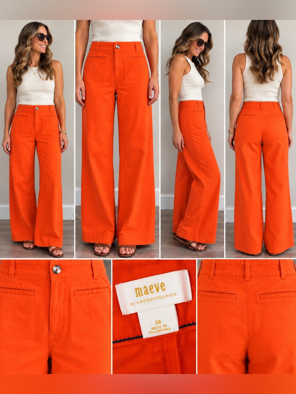 Maeve by Anthropologie The Colette Wide Leg Linen Blend Pants Waist 28 Orange